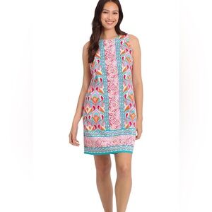 London Times Floral Patchwork Mini Shift Dress Pink Blue Orange Geometric